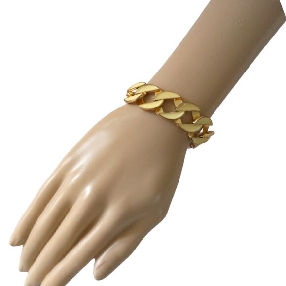 Vtg Enameled Bracelet Chunky Flat Chain Link Gold Tone Ivory Statement Classic. - Picture 13 of 16